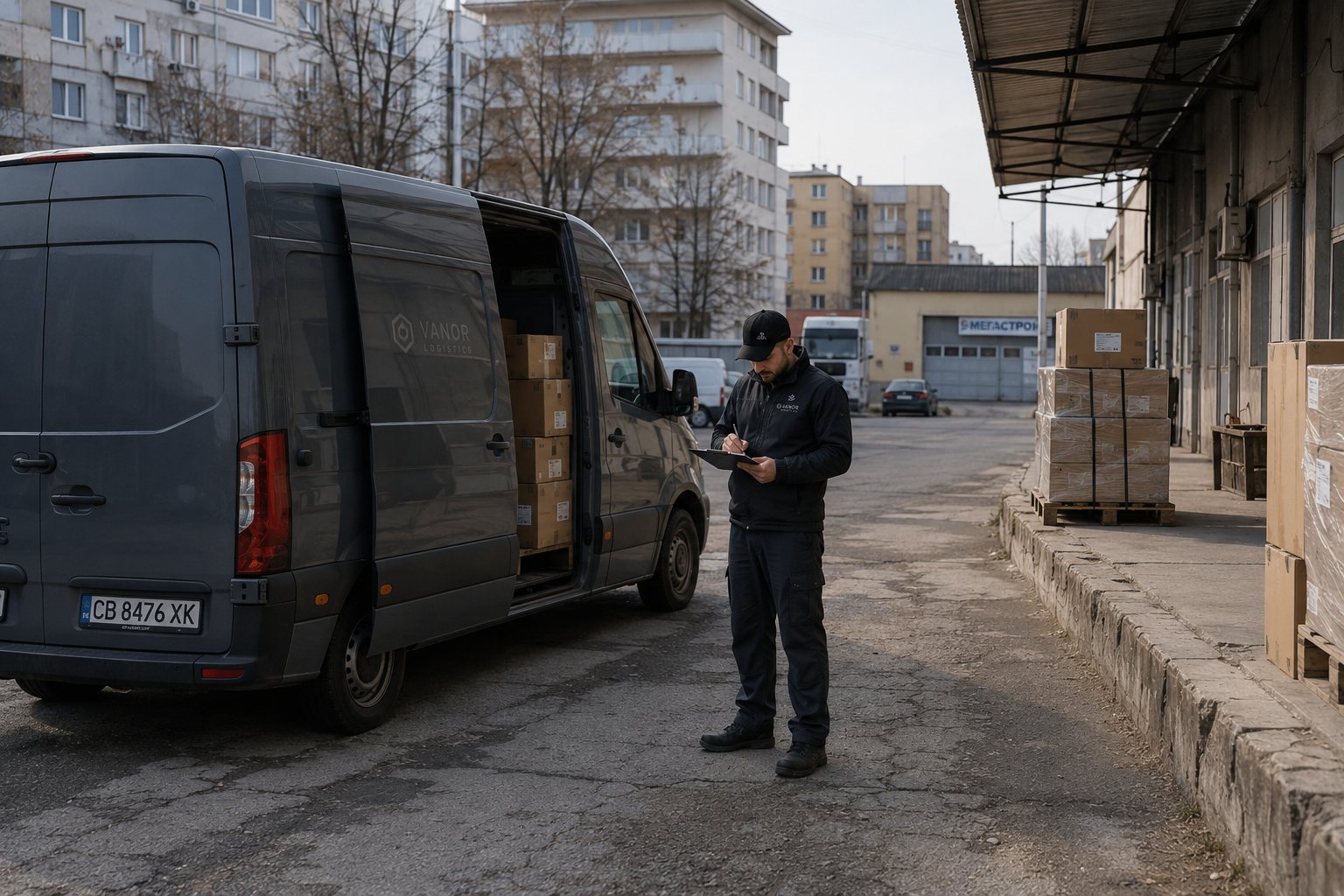 Служител в работна униформа до товарен бус в логистична база